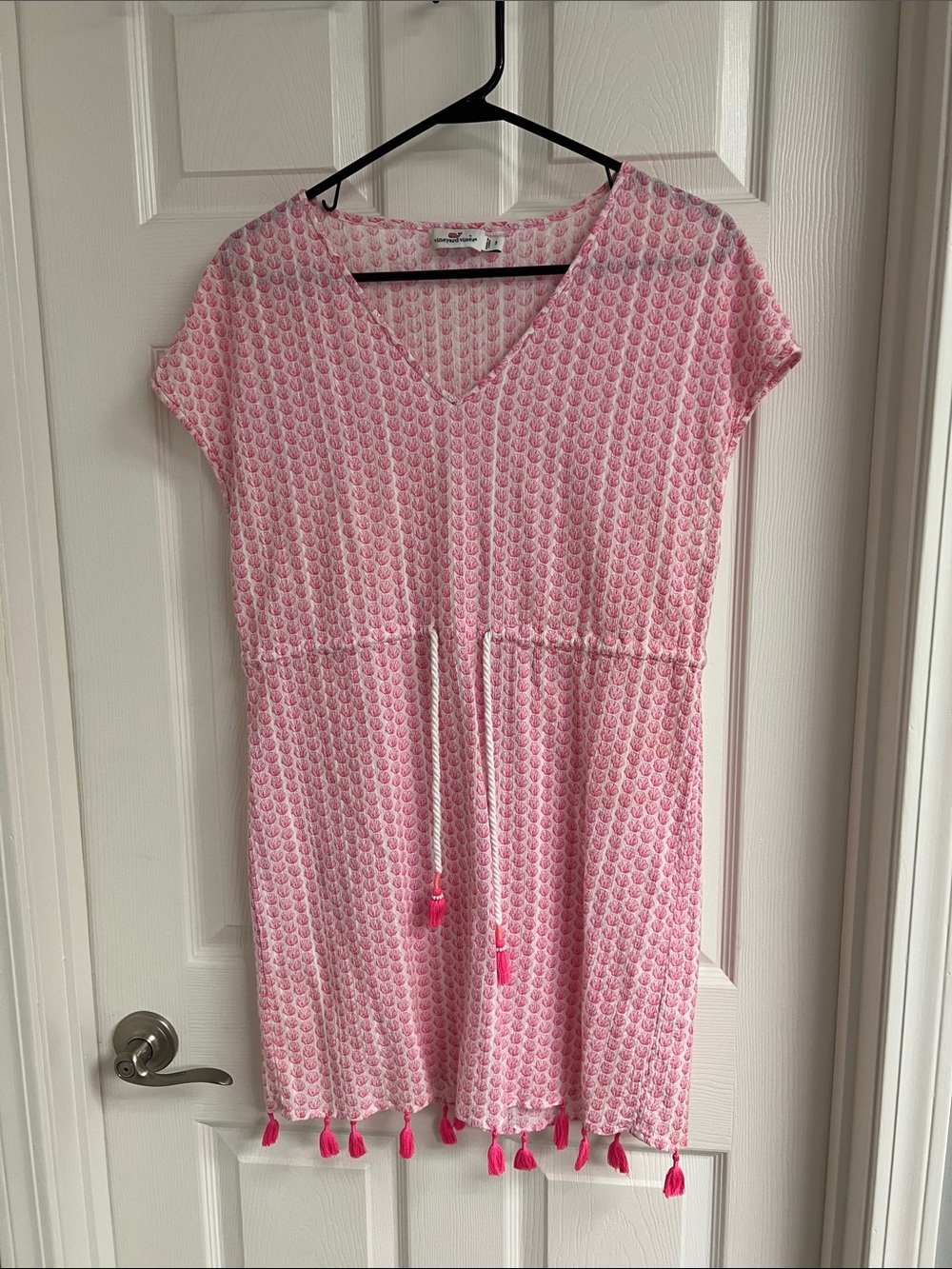 Vineyard Vines Pink Printed V-Neck Mini Dress with Tassels